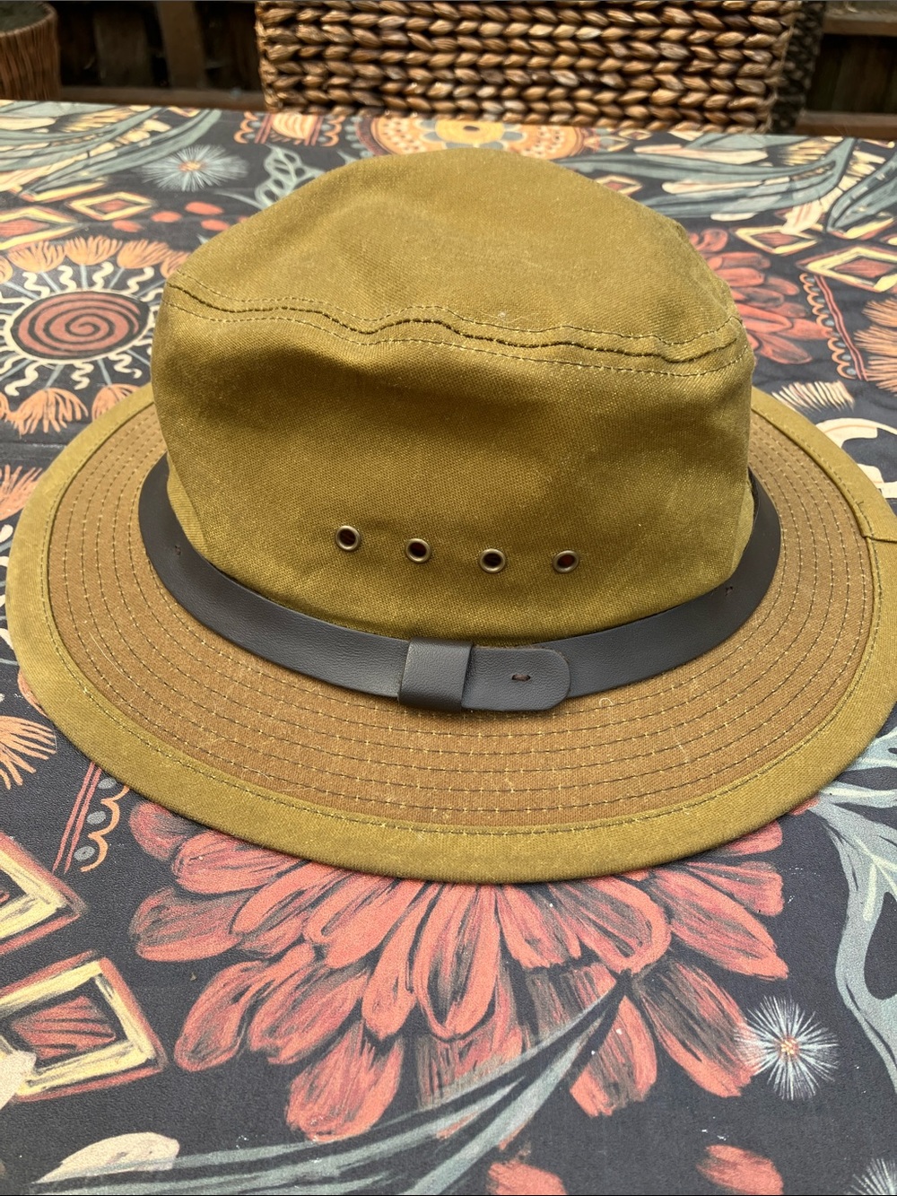 Filson Tin Cloth Packer Hat with leather headband & ventilation grommets